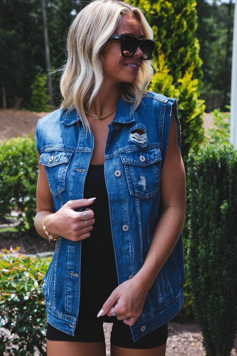 Boyfriend Boxy Denim Vest, Medium Wash