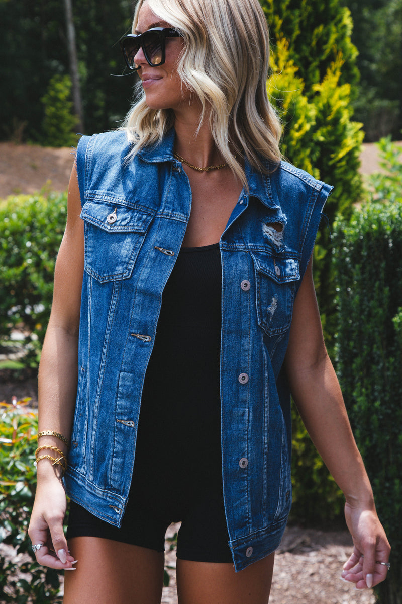 Boyfriend Boxy Denim Vest, Medium Wash