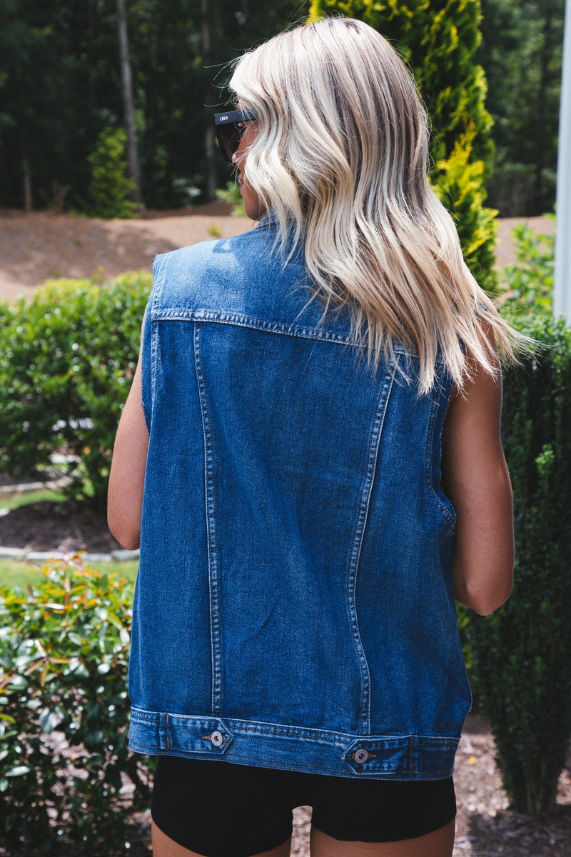Boyfriend Boxy Denim Vest, Medium Wash