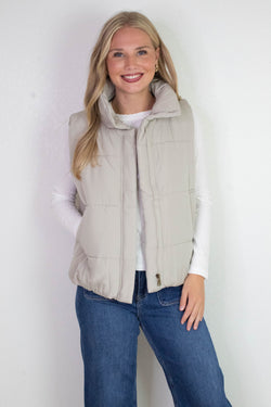 Liv Solid Zip Up Puffer Vest, Cement