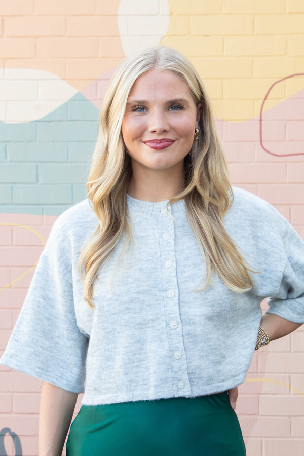 Jeanne Cropped Crew Neck Sweater, Heather Grey