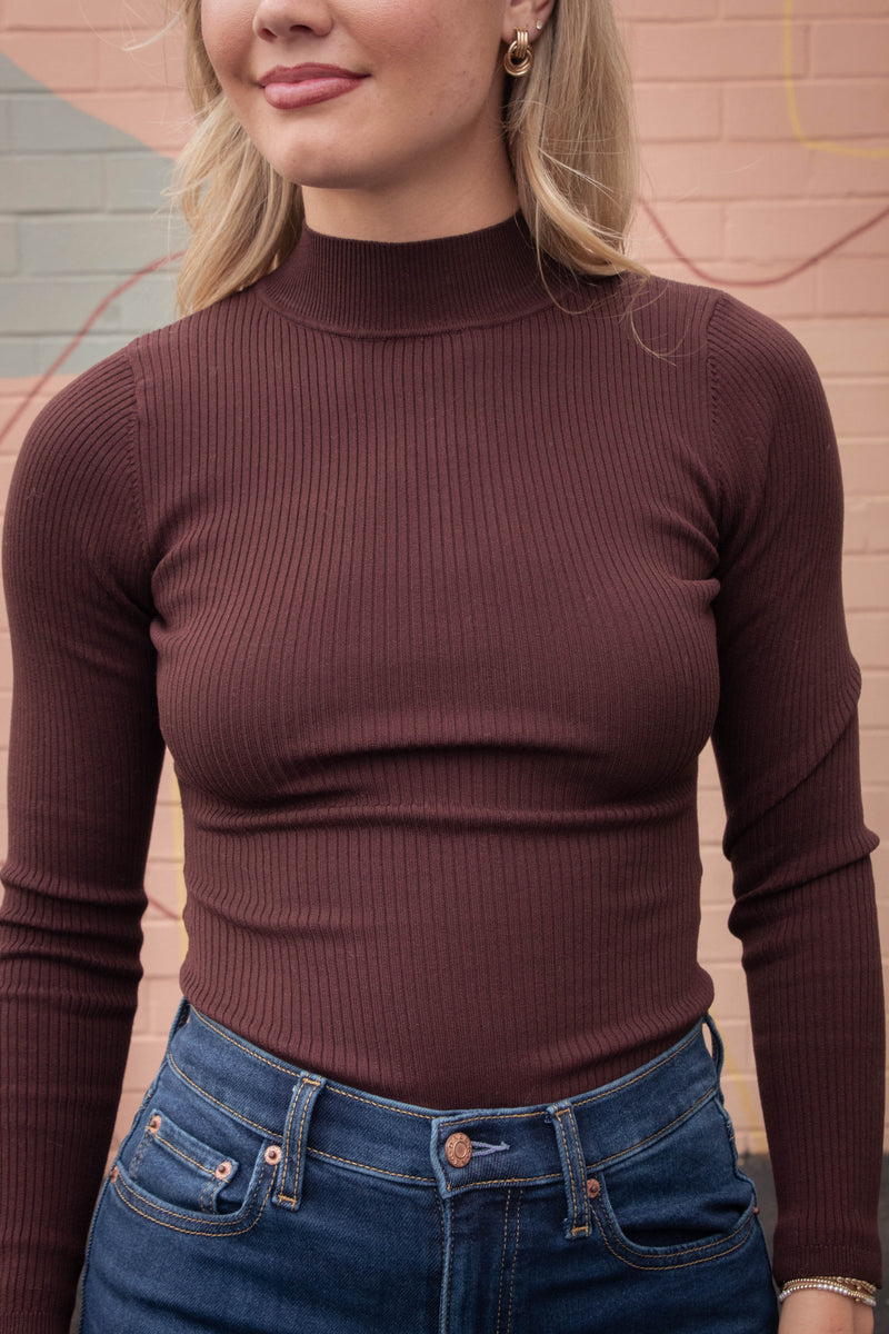 Bella High Neck Ribbed Bodysuit, Brown