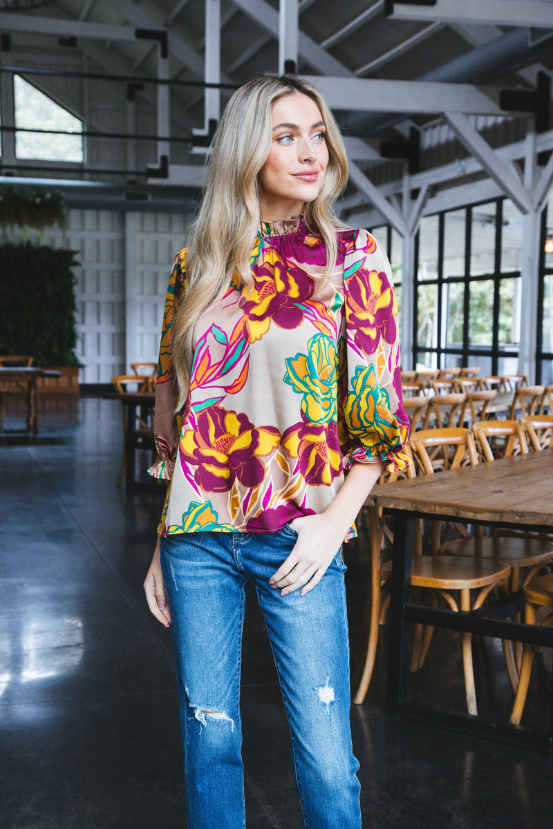 Jolie Floral Ruffle Neck Blouse, Mocha