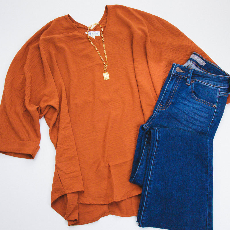 Clarissa V-Neck Woven Blouse, Caramel | Plus Size