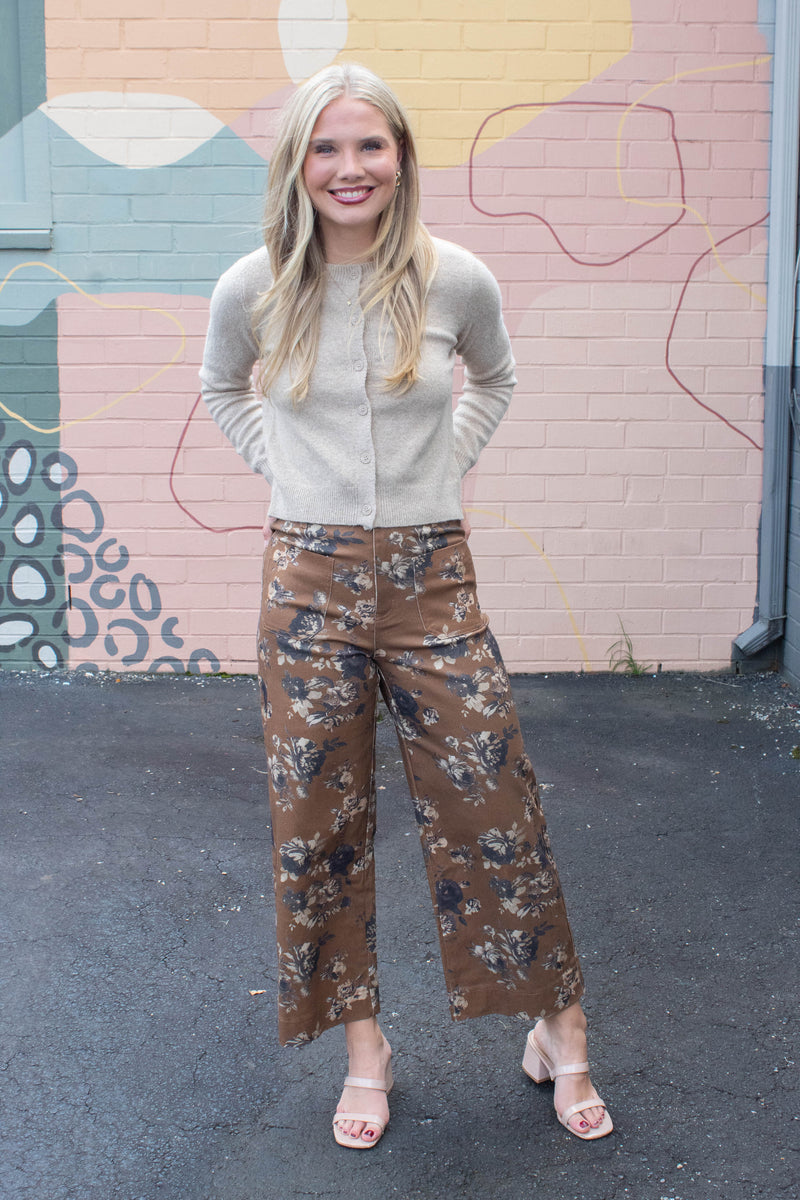 Aubrey Floral Mid Rise Ankle Pants, Caramel
