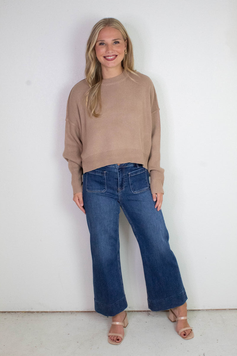Kaia Crop Wide Leg Patch Pocket Jeans, Dark