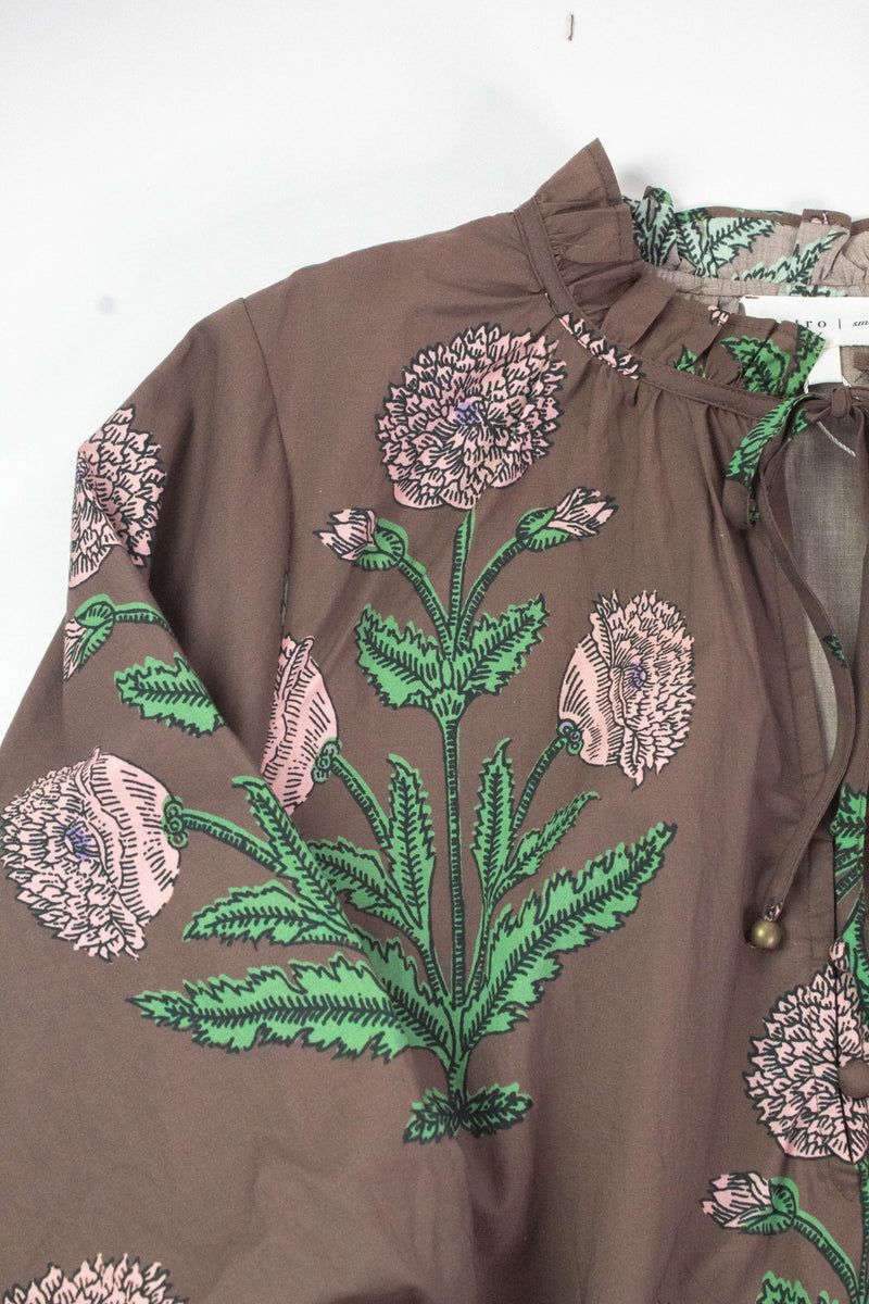 Miranda Floral Bubble Sleeve Blouse, Brown