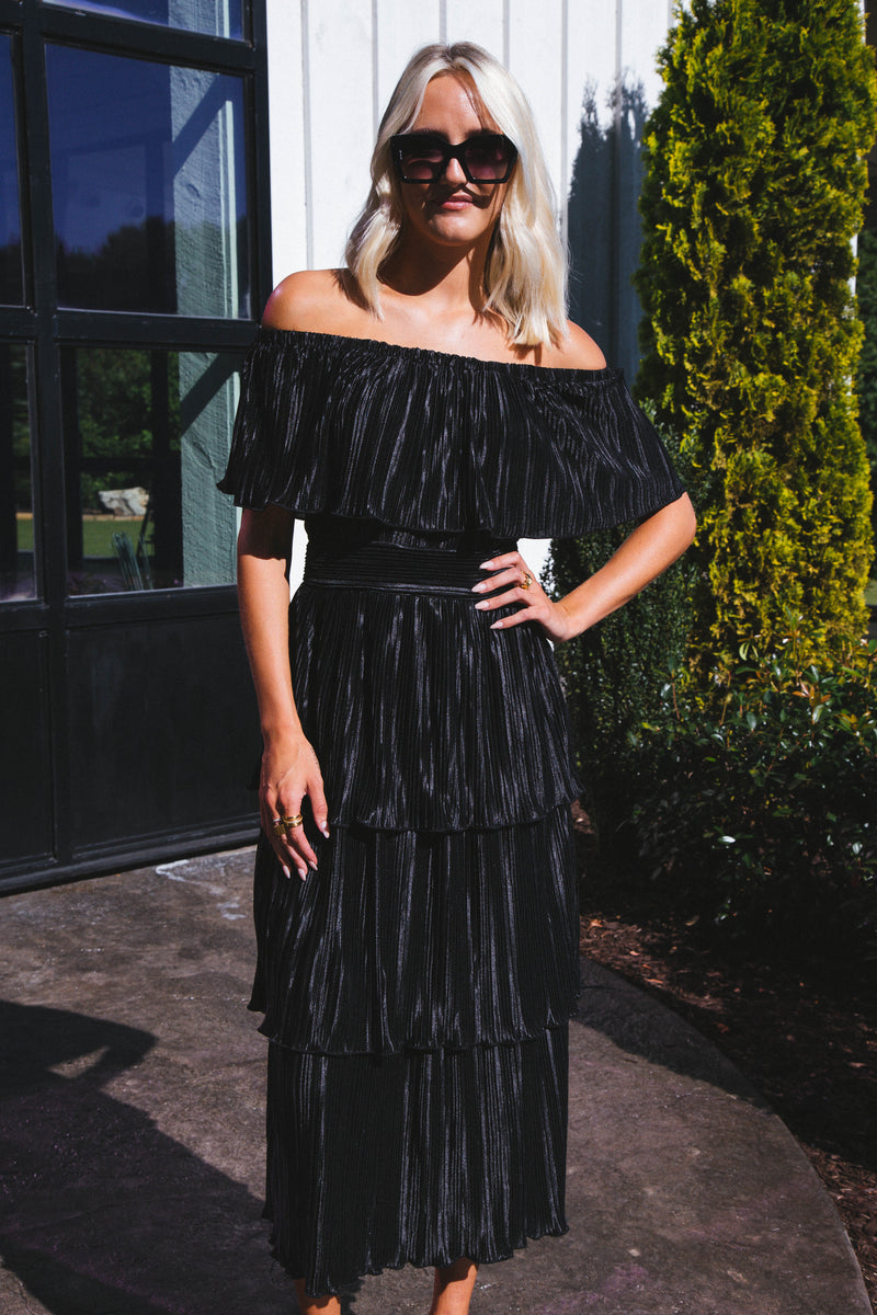 Gamora Pleated Midi Dress, Black