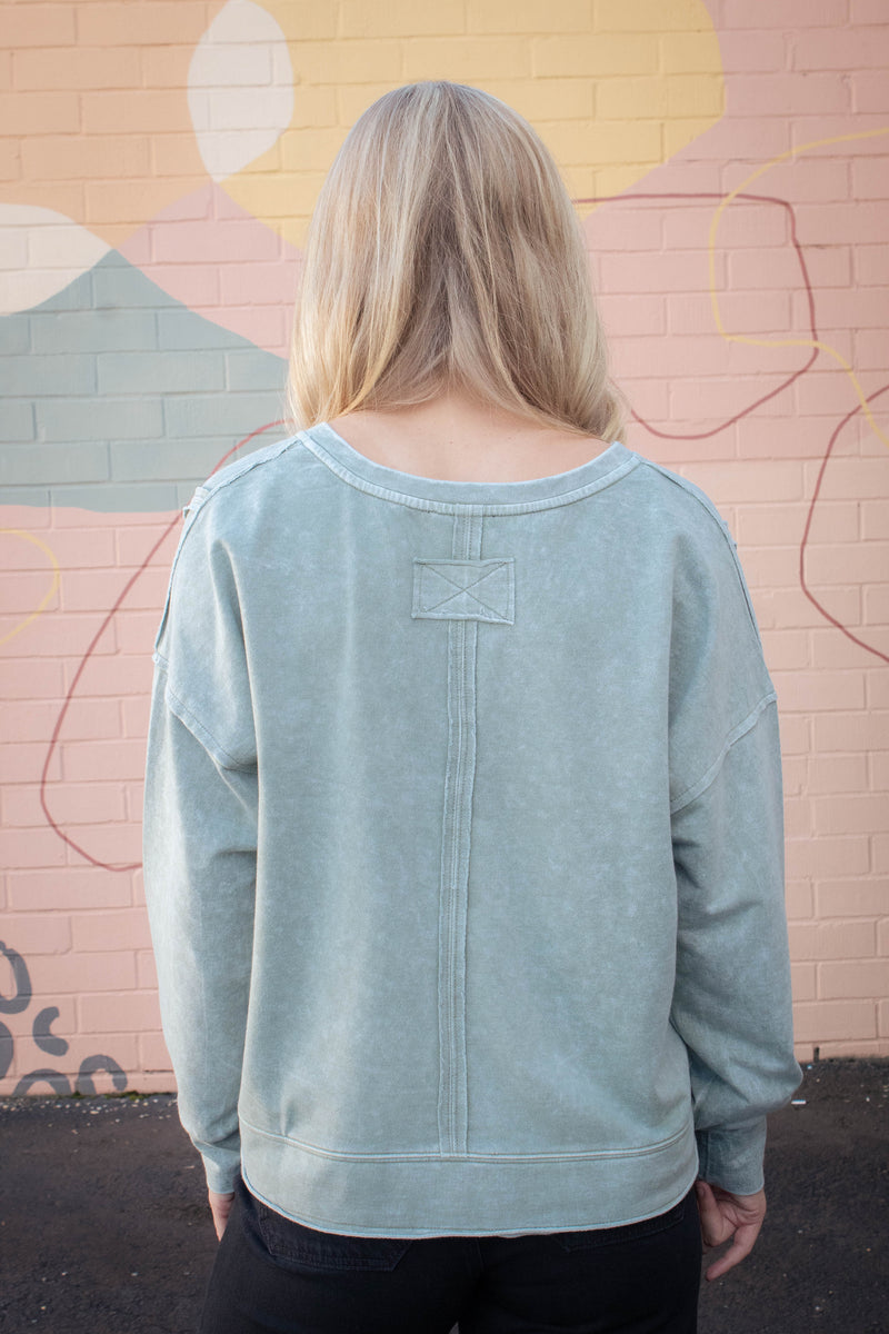 Remy Washed Exposed Seam Knit Top, Moss