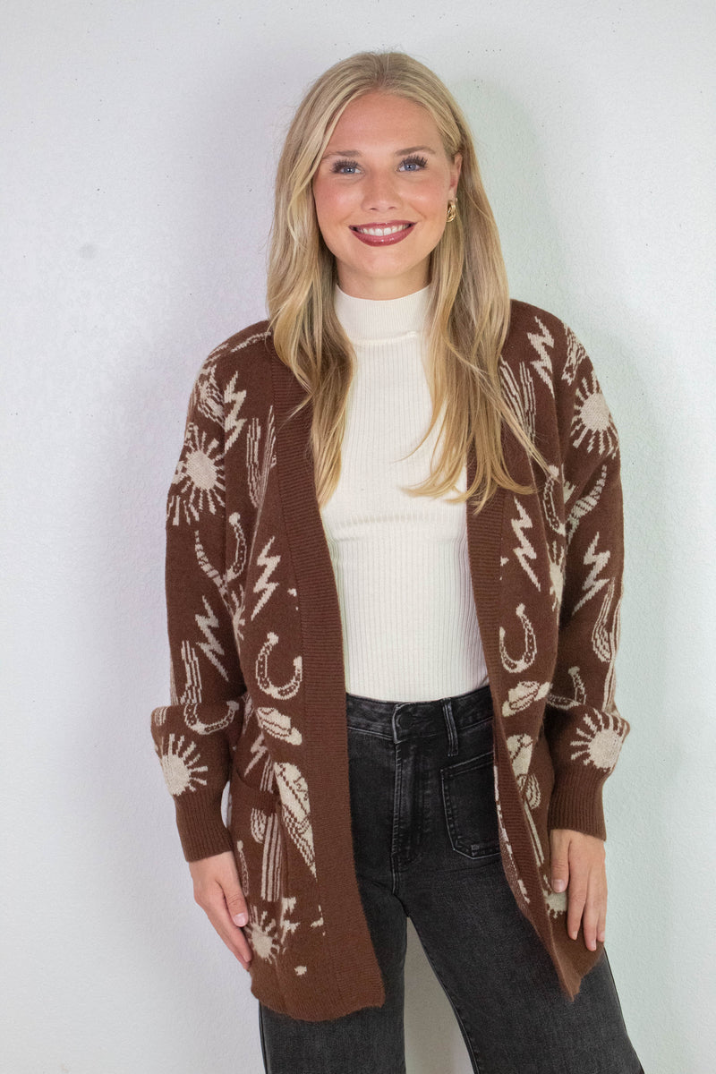 Alina Oversized Western Print Cardigan, Chocolate