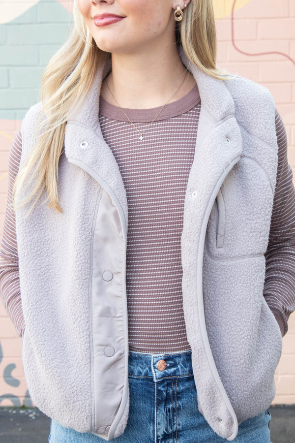 Elena Fleece Button Up Vest, Earth Grey