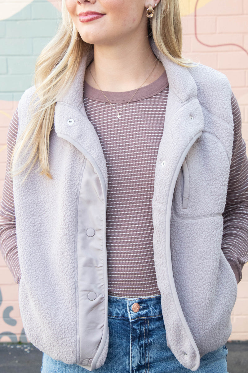 Elena Fleece Button Up Vest, Earth Grey