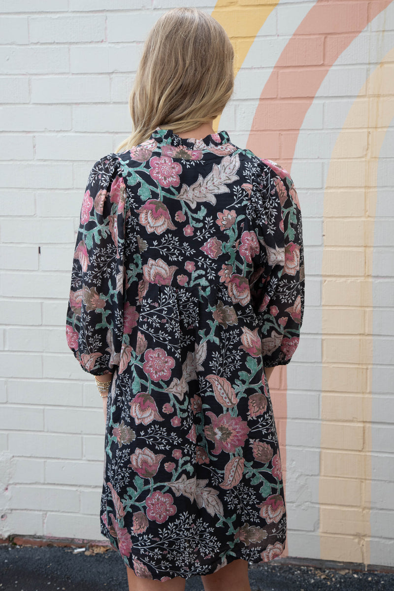Lilia Floral Ruffled V-Neck Dress, Black