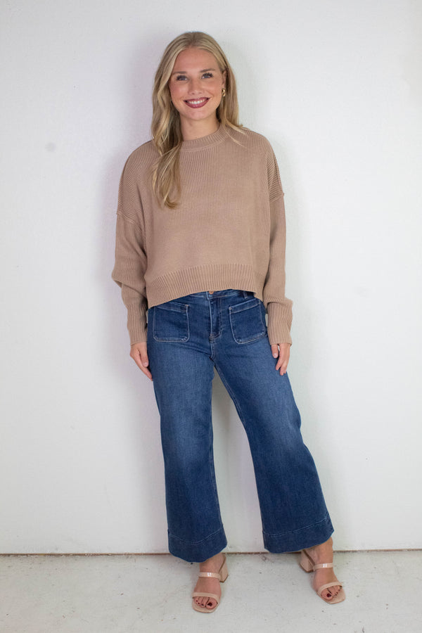 Camila Round Neck Cropped Sweater, Dark Taupe