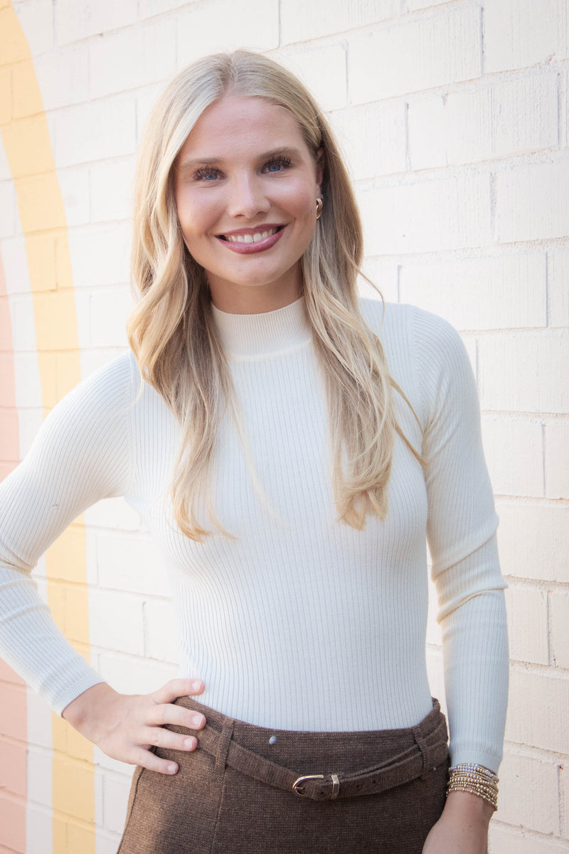 Bella High Neck Ribbed Bodysuit, Cream