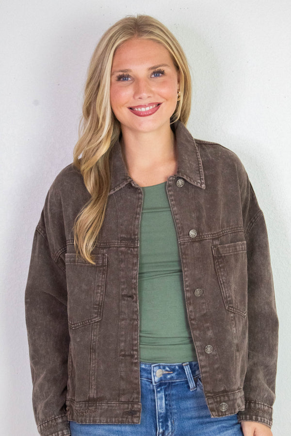 Audrey Button Down Denim Jacket, Black Coffee