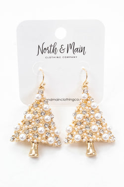 Christmas Tree Pearl & Rhinestone Earring, Gold
