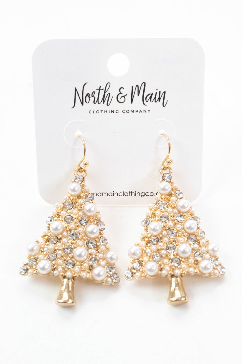 Christmas Tree Pearl & Rhinestone Earring, Gold