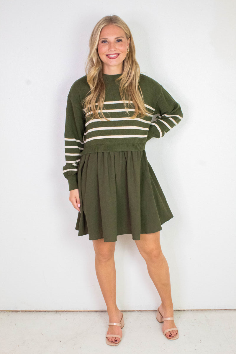 Holland Striped Mix Media Dress, Olive-Cream Stripe