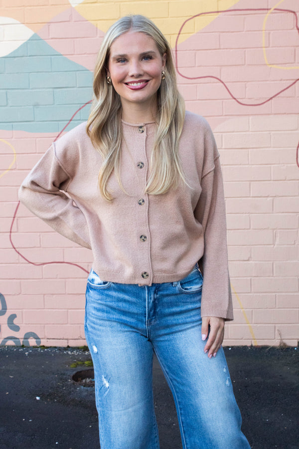 Melina Roll Neck Cardigan, Dark Taupe