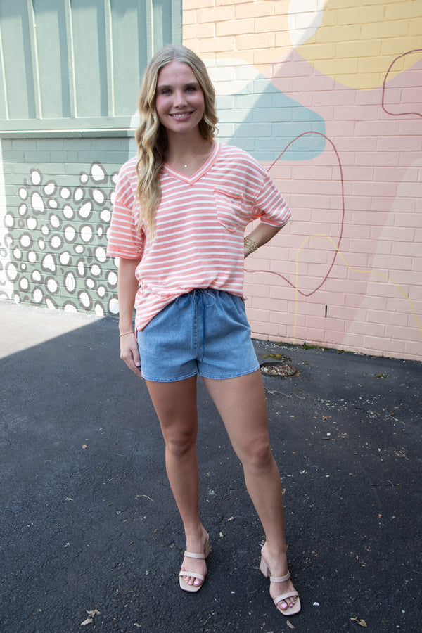 Tiana Raw Edge Striped Top, Coral
