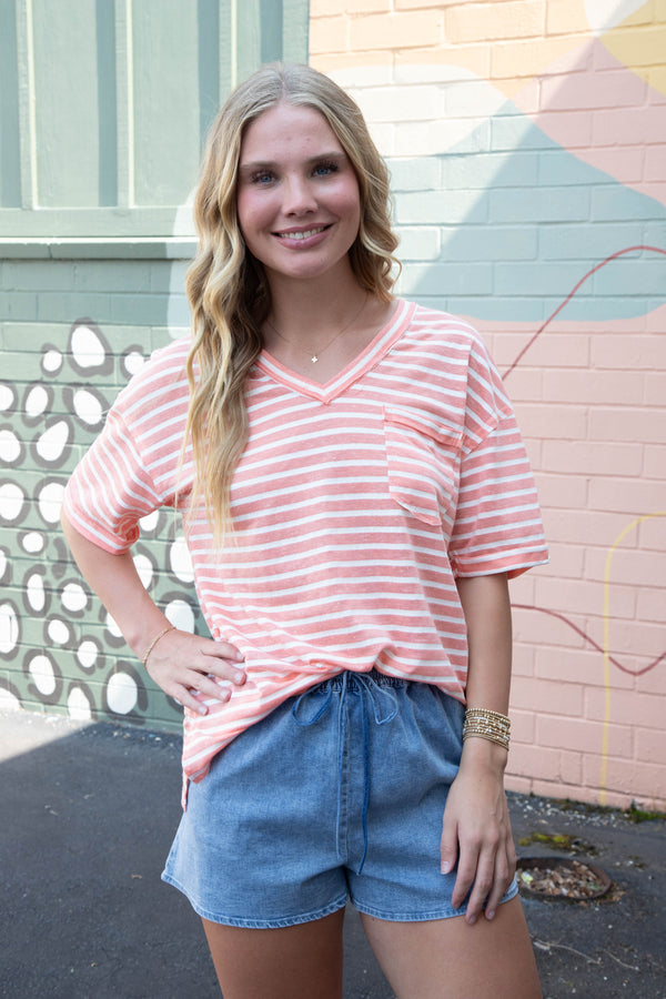 Tiana Raw Edge Striped Top, Coral