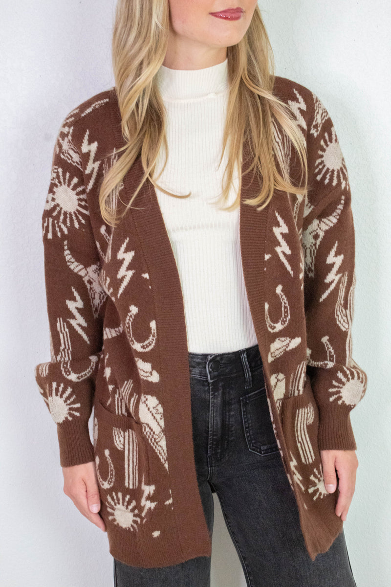 Alina Oversized Western Print Cardigan, Chocolate