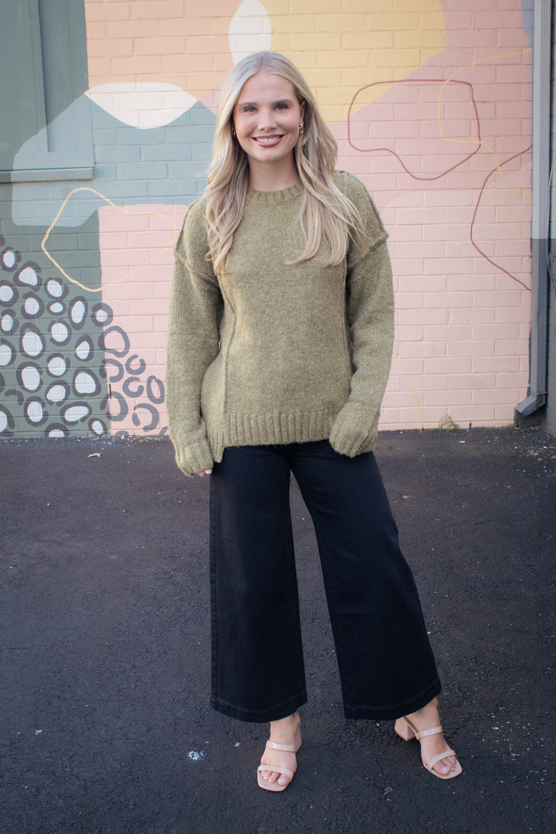 Winona Seam Detail Pullover Sweater, Olive