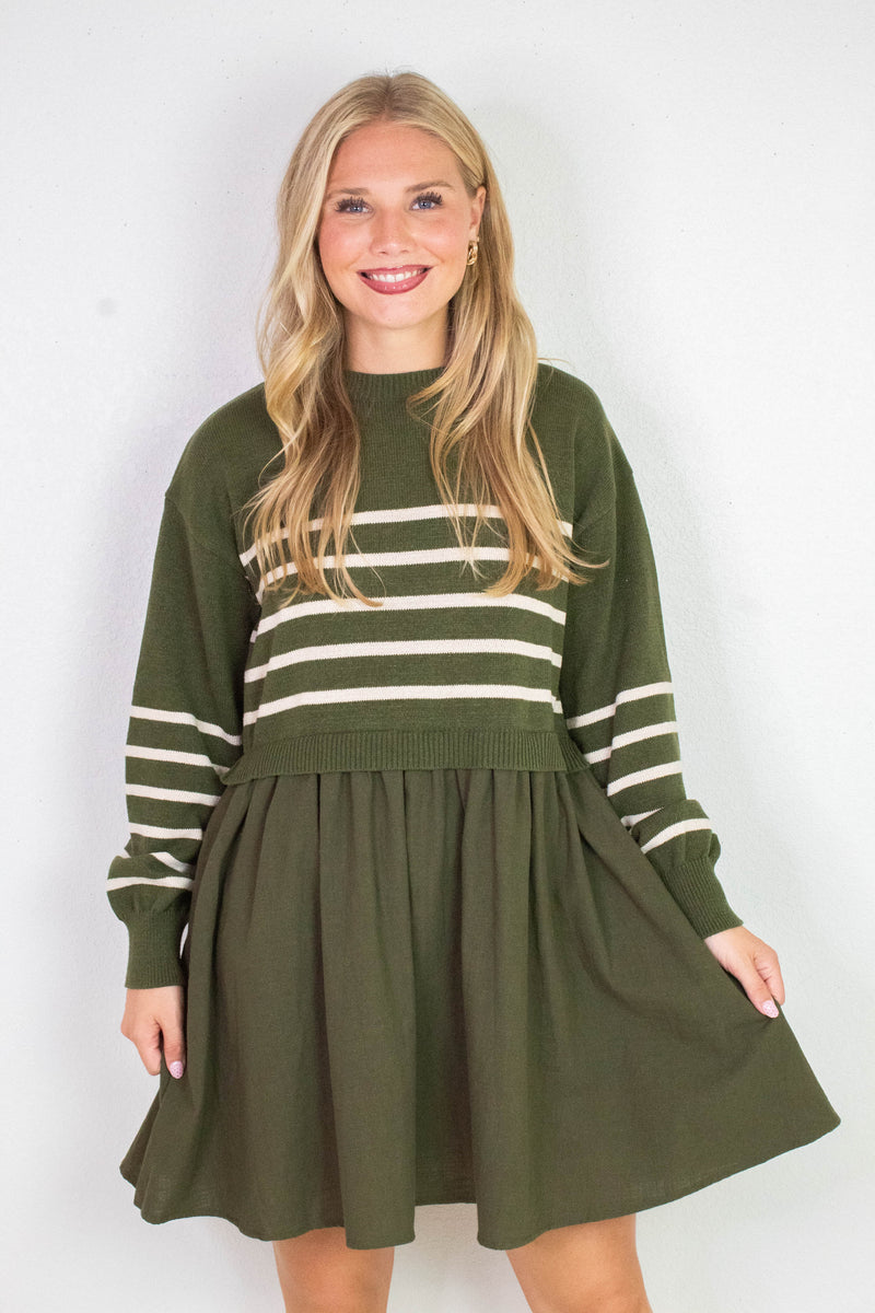 Holland Striped Mix Media Dress, Olive-Cream Stripe