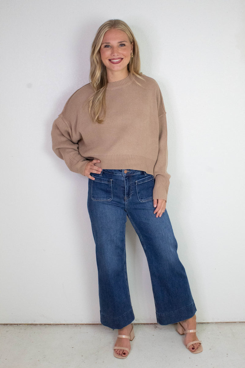 Camila Round Neck Cropped Sweater, Dark Taupe
