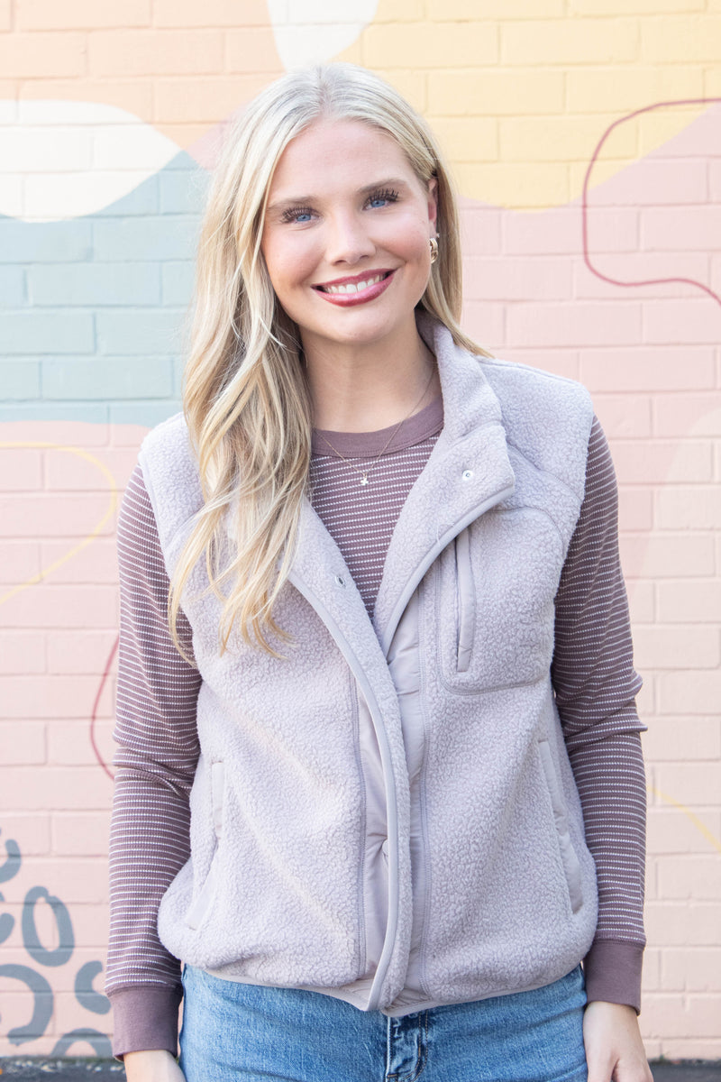 Elena Fleece Button Up Vest, Earth Grey