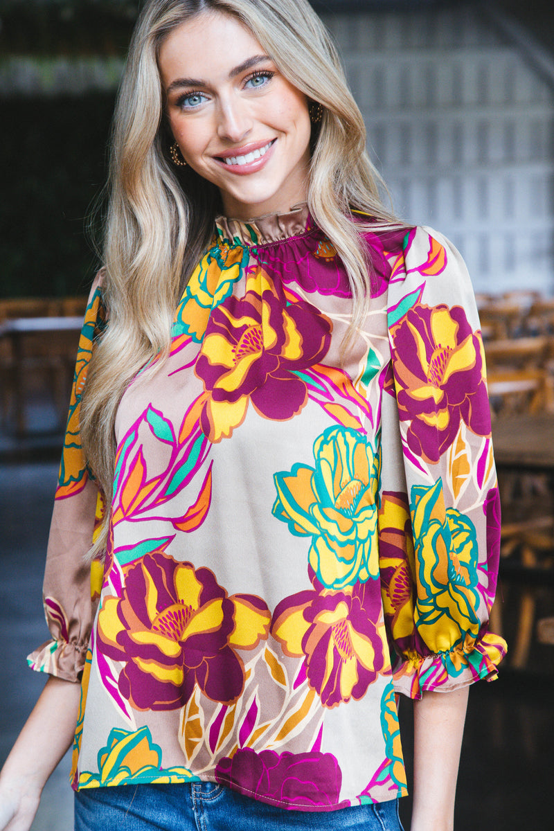 Jolie Floral Ruffle Neck Blouse, Mocha