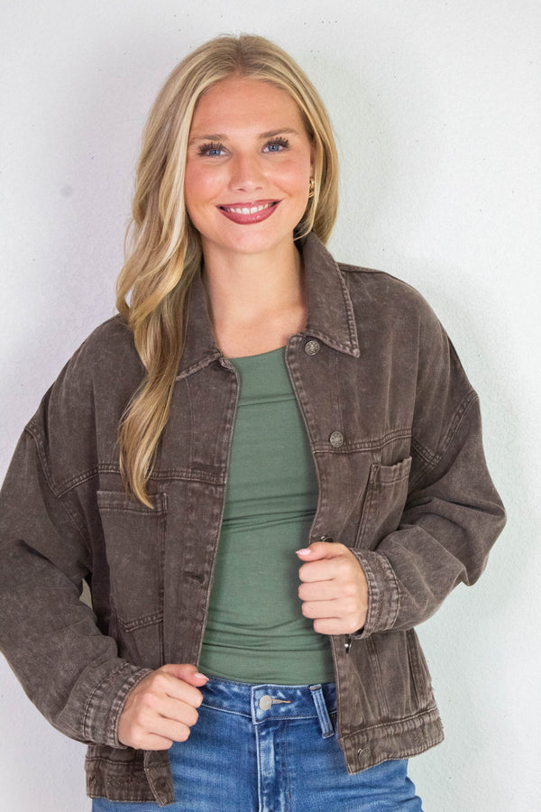 Audrey Button Down Denim Jacket, Black Coffee