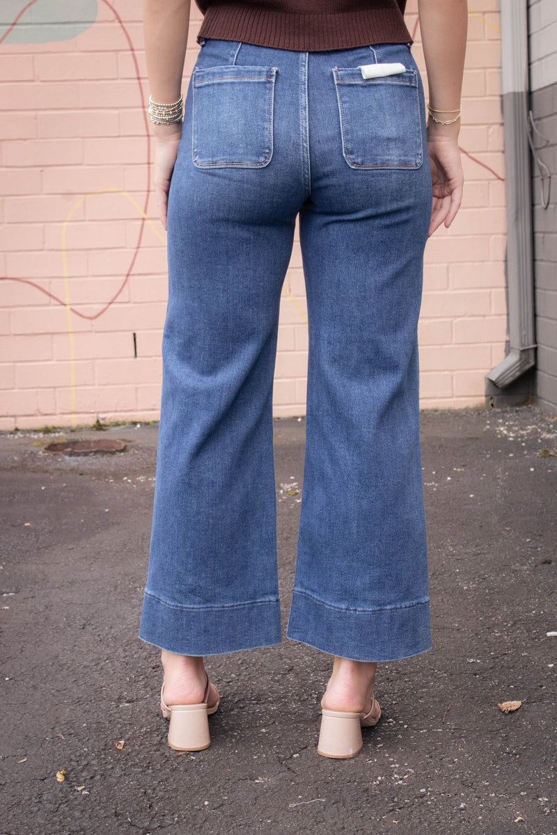 Kaia Crop Wide Leg Patch Pocket Jeans, Dark