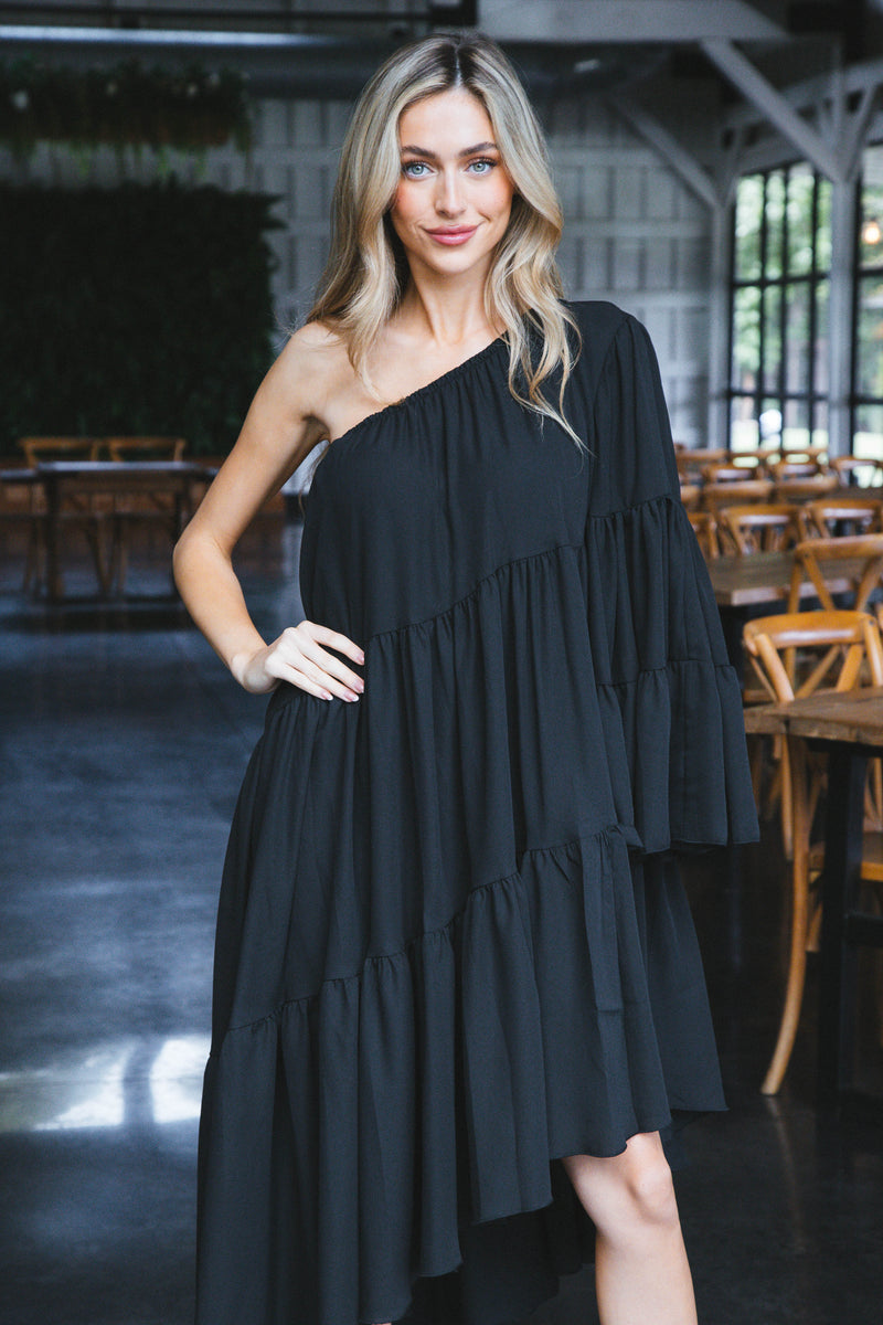 Voluminous One Shoulder Shirred Dress, Black