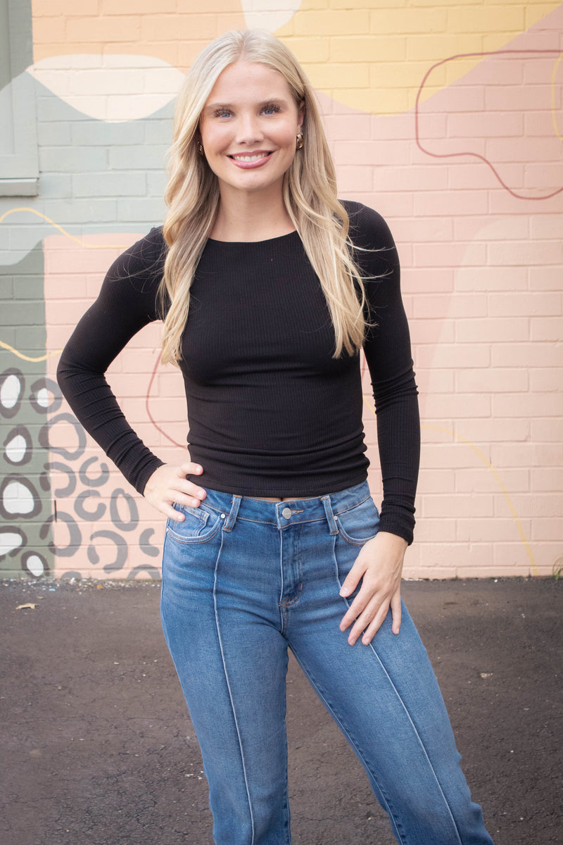 Elowyn Double Layer Rib Knit Tee, Black