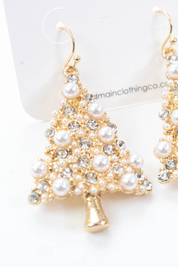 Christmas Tree Pearl & Rhinestone Earring, Gold