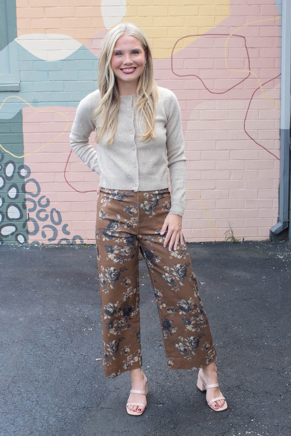 Aubrey Floral Mid Rise Ankle Pants, Caramel