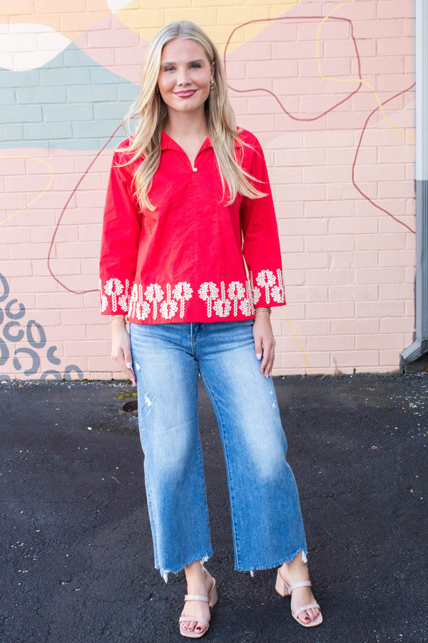 Katie 3D Floral Trim Accent Top, Red