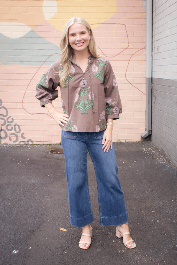Miranda Floral Bubble Sleeve Blouse, Brown