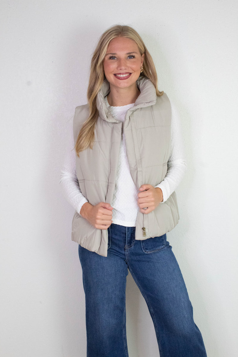 Liv Solid Zip Up Puffer Vest, Cement