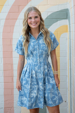 Madeline Washed Floral Denim Dress, Light Blue