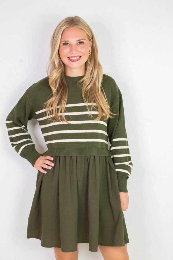 Holland Striped Mix Media Dress, Olive-Cream Stripe