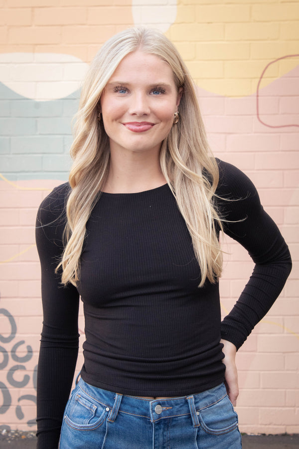 Elowyn Double Layer Rib Knit Tee, Black