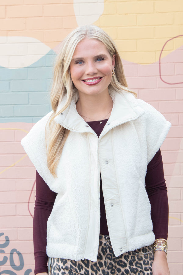 Addison Button Front Faux Fur Vest, Ivory