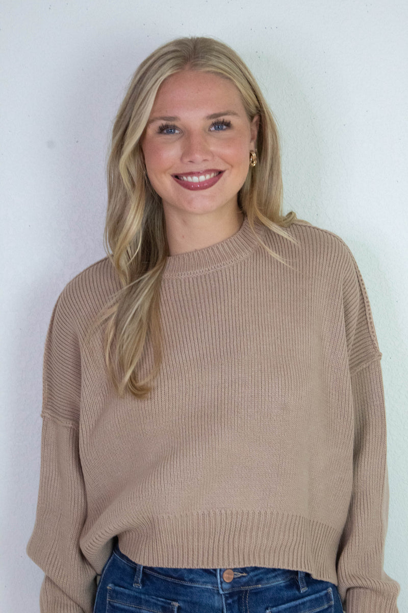 Camila Round Neck Cropped Sweater, Dark Taupe