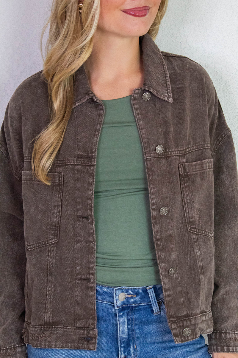 Audrey Button Down Denim Jacket, Black Coffee