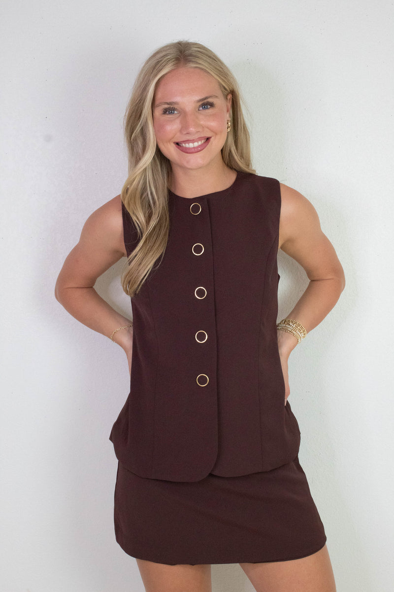 Geraldine Solid Button Down Romper, Chocolate