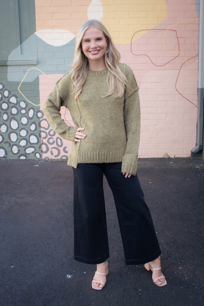 Winona Seam Detail Pullover Sweater, Olive