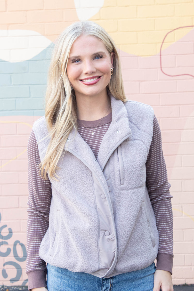Elena Fleece Button Up Vest, Earth Grey